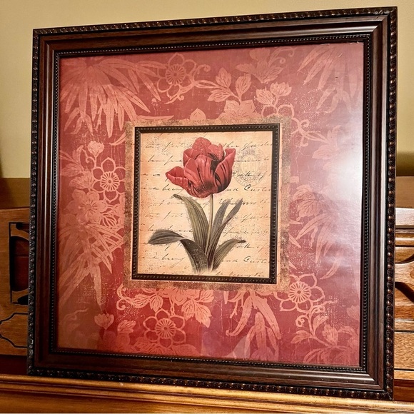Framed Burgandy Tulip Art Print Brown Engraved Frame Artist is Elizabeth Brownd - Picture 6 of 11